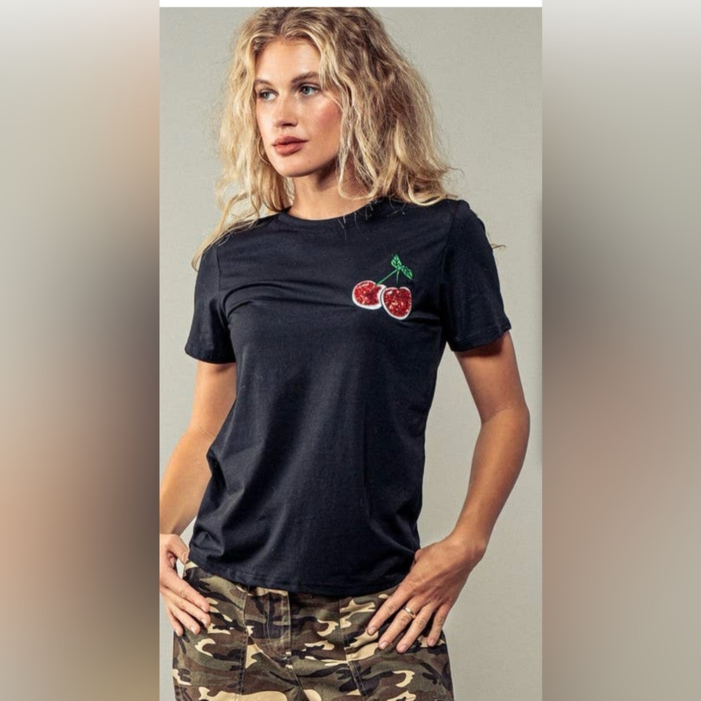 148. Glitter embroidered cherry graphic T in black